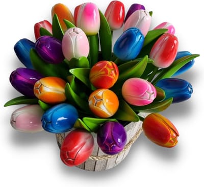 Bos houten tulpen - steel 33cm - mix van 6 kleuren - 20 tulpen in een bos - verwelken nooit!
