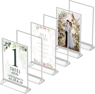 Products Zilveren fotolijsten, dubbelzijdig A4 - 6 stuks - acryl zilveren tafelnummerhouders, transparante ezeltafelstandaards voor borden, menuhouder, fotolijst