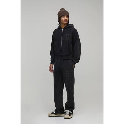 Verkort Model Trainingspak Met Applicatie, Distressed Wassing En Capuchon Met Ritssluiting | Charcoal | Size Small