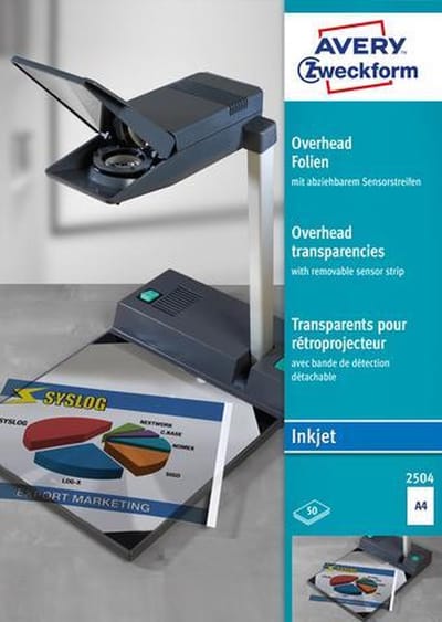 Inkjetfolie Avery A4 110mic. - transp.zelfklevend voor OHP do
