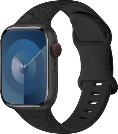 By Qubix - Geschikt voor Apple Watch bandje - Siliconen bandje Rozen Print - Zwart - Geschikt voor Apple Watch 44mm / 45mm / 46mm / 49mm (Ultra 1,2 en 3) - Smartwatch bandje