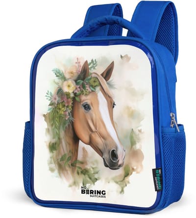 NoBoringSuitcases.com® - Rugzak blauw - Schooltas jongens - Paard - Aquarel - Bloemen - Beige - Kinder rugtas jongen - Boekentas kind - Kinderrugzak voor school - Schoolrugzak