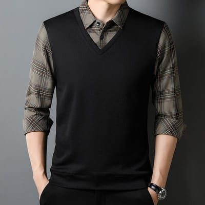 Kleding voor man van middelbare leeftijd T-shirt met lange mouwen Herfst Nieuw Heren Tweedelig pak Top Middelbare leeftijd en oudere Gestreepte basislaag XXXXL black