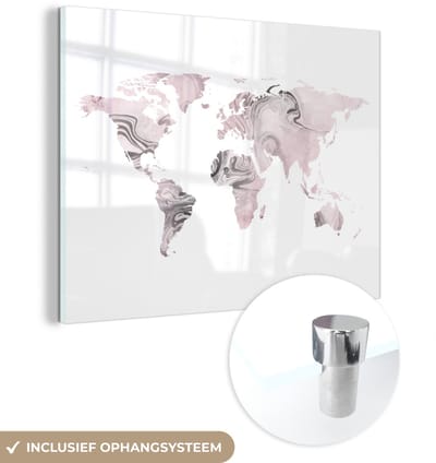 ® Glasschilderij 120x90 cm - Schilderij acrylglas - Wereldkaart - Verf - Roze - Foto op glas - Muurdecoratie woonkamer - Wanddecoratie slaapkamer - Schilderijen