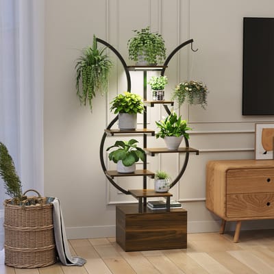 Plantenstandaard met groeilamp, 40x30x142 cm, 6 niveaus, metalen en houten plantenrek, bloemenstandaard voor binnen en buiten, decoratief zwart frame en opbergplank, bloemenrek voor binnen, buiten, tuin en balkon