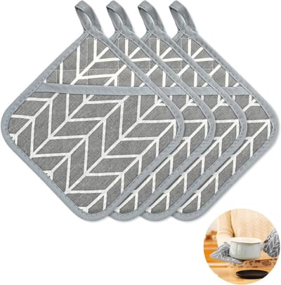 Set van 4 Hittebestendige Keuken Pothouders van Katoen 17 x 17 cm - Ideaal voor Ovens, Pannen en Kookaccessoires in Grijs