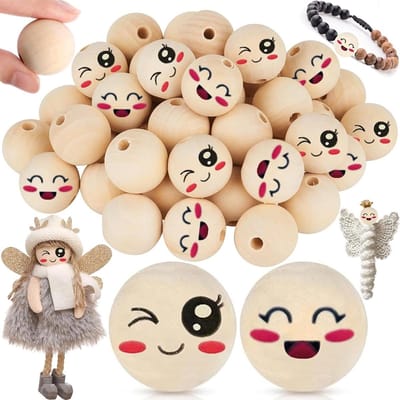 Houten Kralen 30 Stuks - 30 mm Grote Smiley Gezicht Kralen, Natuurlijke Kralen voor DIY Ambachten en Creatieve Projecten