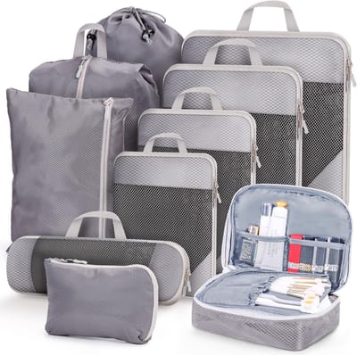 Koffer Organizer Set - Reis Tassen - Kleding Opbergen - Compressie Rits - 10 Delig - Grijs