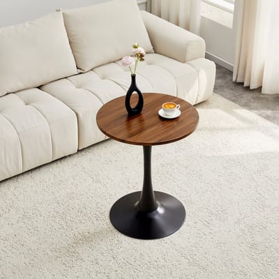 Ronde bijzettafel/eettafel van 60 cm, gemaakt van MDF: tafelblad vervaardigd met hoogwaardige thermovormtechnologie, met een walnoothoutnerfstructuur en zwarte poten – perfect voor Europese woonruimtes.
