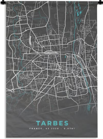 Wandkleed - Wanddoek - Tarbes - Frankrijk - Plattegrond - Kaart - Stadskaart - 120x180 cm - Wandtapijt