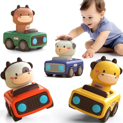 4-Delige Set Dieren Speelgoedauto's Vanaf 1 Jaar - Press-and-Go Peutervoertuigen