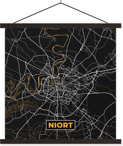 Posterhanger incl. Poster 60x60 cm - Schoolplaat - Stadskaart - Niort - Frankrijk - Kaart - Plattegrond - Textielposter - Zwarte latten - Stadskaart