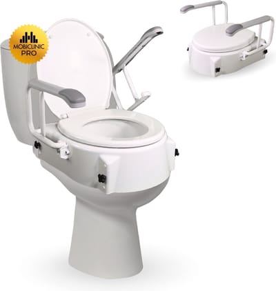 Mobiclinic Muralla - Toiletverhoger - Toiletlift - WC Verhoger - Verstelbaar in 3 hoogtes: 5 cm - 10 cm - 15cm - Zithoogte verstelbaar - Met deksel en armleuningen - Tot 100 kg - Met armsteunen - Wit