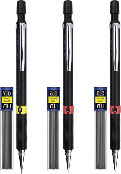 Set van 3 Mechanische Potloden 0.3, 0.5 en 0.7 mm voor Tekeningen, Schrijven en Notities in Zwart