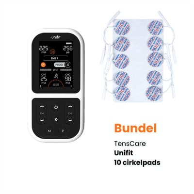 TensCare – Bundel Unifit + 10 pads cirkelvorm (1 set) | Dubbelkanaals TENS Apparaat en EMS Spierstimulator – 12 TENS programma's Elektrodentherapie - Spierstimulator - Pijntherapie