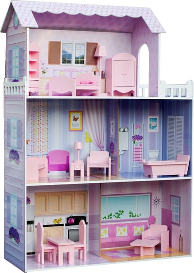 Teamson Kids Houten Poppenhuis - Kinderspeelgoed - Omvat 12 Accessoires - Voor 12" Poppen - Roze