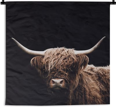 Wandkleed - Wanddoek - Schotse Hooglander - Zwart - Hoorn - 180x180 cm - Wandtapijt