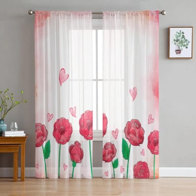 Valentijnsdag Aquarel Bloemen Rozen Bladeren Transparant Raamgordijn Tule Gordijnen voor Woonkamer Huisdecoratie Voile Draperieën 135W x 114H(cm) white