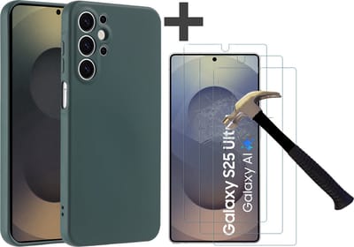 Hoesje geschikt voor Samsung Galaxy S25 Ultra hoesje zacht siliconen met 3 Stuks gehard glas Screenprotectors- Arara backcover - Pine Groen