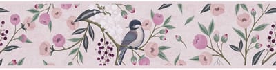 Kinderbehang Profhome 771371-GU behangrand glad met vogel patroon mat roze zuurstokroze groen grijs 5 m