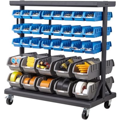 VEVOR Mobiel Opbergrek met Stapelbare Dozen, Mobiel Opbergrek met 5 Niveaus en 68 Assortiment Dozen voor Kleine Onderdelen in Twee Maten, 900x500x950 mm, Dubbelzijdig, voor Werkplaats, Garage, Magazijn en Kantoor