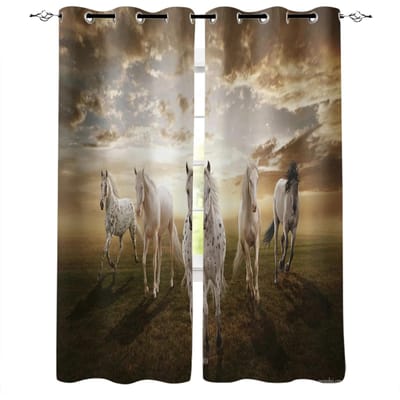 2 stuks Zwart Wit Paarden Wedstrijd Racen Printen Raamgordijnen voor Woonkamer Keuken Kinder Slaapkamer Decor Hangend Gordijn W60H60(CM)x2PCS&HOOK