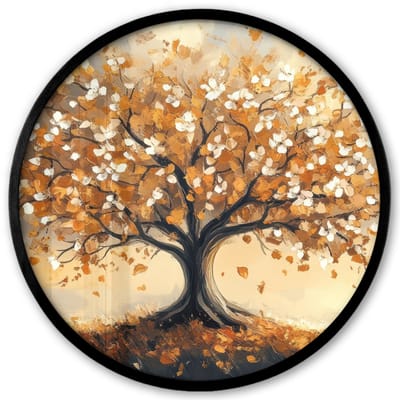 Poster in lijst Rond - Fotolijst 40x40 cm - Posters - Herfst - Boom - Oranje - Bladeren - Levensboom - Abstract - Ronde posterlijst zwart - Decoratie - Wanddecoratie woonkamer - Muurdecoratie slaapkamer