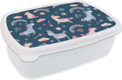 Broodtrommel Wit - Lunchbox - Brooddoos - Unicorn - Regenboog - Patronen - 18x12x6 cm - Volwassenen