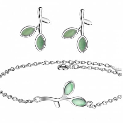 2-Delige Set- Armband Oorbellen -Zilver -Green Leaf-Charme Bijoux