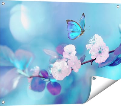 Gards Tuinposter Blauwe Vlinder bij een Roze Bloem - 80x60 cm - Tuindoek - Tuindecoratie - Wanddecoratie buiten - Tuinschilderij
