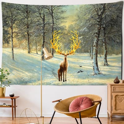 Kleurrijk Sika Hert Wandtapijt Muurhanger Boheemse Stijl Multi-achtergrond Wandtapijt Psychedelisch Interieur Huisdecoratie 95x70cm gray