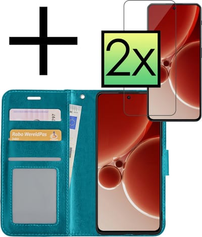 Hoesje - Met 2x Screenprotector - Geschikt voor OnePlus Nord 3 - Luxe Pasjeshouder - Bookcase Portemonee - Flip Case - Kunstleer Book Case - Flipcase Hoes - Book Cover - Walletcase - Portemonneehoes - Turquoise