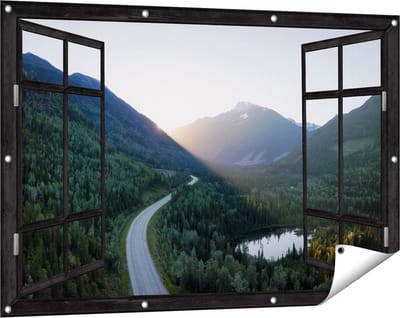 Gards Tuinposter Doorkijk Weg Door het Bergen Landschap - 120x80 cm - Tuindoek - Tuindecoratie - Wanddecoratie buiten - Tuinschilderij