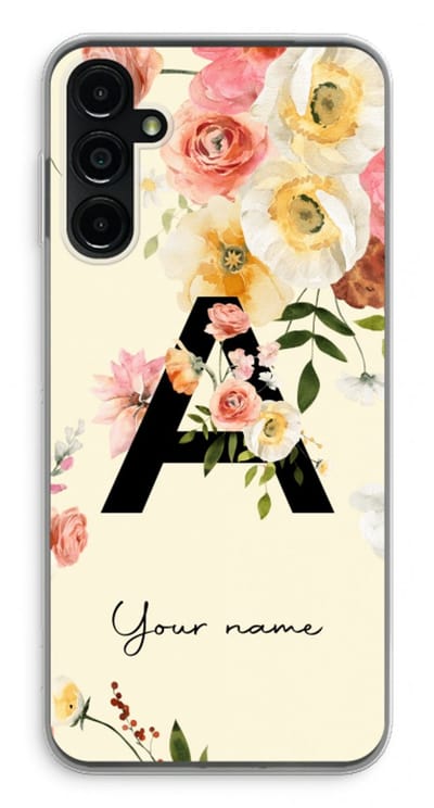 Gepersonaliseerd - Case Company® - Hoesje geschikt voor Samsung Galaxy A14 hoesje - Flirty Flowers Monogram - Soft Cover Telefoonhoesje - Bescherming aan alle Kanten en Schermrand