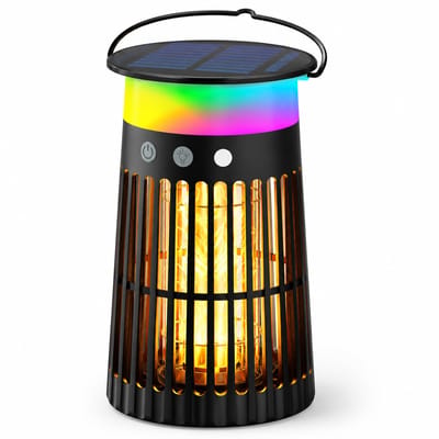 Solar Insectenvernichter - 5-in-1 Krachtige Muggenlamp voor Binnen en Buiten - 4200V Elektrische Vliegenlamp met Sfeervolle Vlamverlichting - Waterdichte Draadloze Insectendoder voor Tuin, Terras en Camping - Grijs