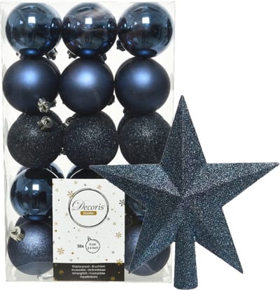 Kerstballen - 30x stuks - incl. ster piek - donkerblauw - kunststof