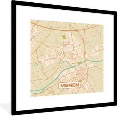 Fotolijst incl. Poster - Plattegrond - Kaart - België - Vintage - Menen - Stadskaart - 40x40 cm - Posterlijst
