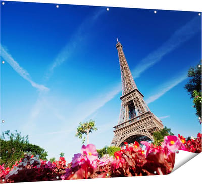 Gards Tuinposter Eiffeltoren in Parijs met Bloemen - 160x120 cm - Tuindoek - Tuindecoratie - Wanddecoratie buiten - Tuinschilderij