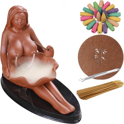 Wierookhouder 'Dame met Lotusblad' - Wierookbrander met Backflow Wierookkegels, Wierookstokjes, Matje en Pincet