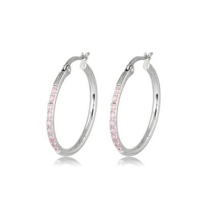 My Bendel - Zilverkleurige Oorbellen Roze Zirkonia 25mm x 2mm - Zilverkleurige Oorringen 25mm - met Luxe Cadeauverpakking | Sieraden Voor Dames