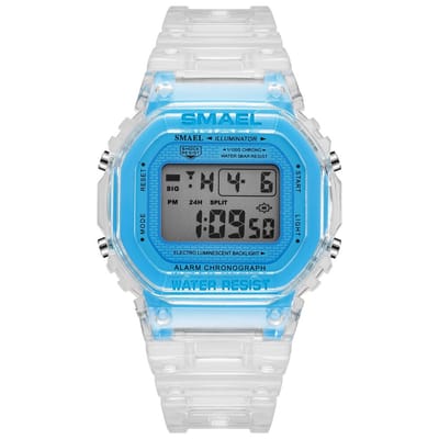 Digitaal Shockbestendig Horloge Blauw met transparant bandje | Smael | Waterdicht | Glow in dark | Mud Master | Mudmaster | Shock | Licht | Rubberen band | 1905 | Timer | Eyecatcher | Master | kado | Cadeau