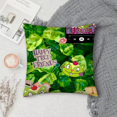 Happy Tree Friends Canvas Kussenhoes Vierkant Dubbelzijdig Bedrukt Kort Pluche Bankkussenhoes Nachtkussen 50x50cm
