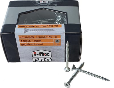Hardhoutschroef. 4.0 x 45mm. lang. Platkop-Torx-2. verzinkt. 100 stuks Professionele Spaanplaatschroeven. Ifix-Pro.