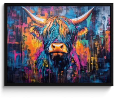 Poster in lijst - Fotolijst 70x50 cm - Posters - Schotse Hooglander - Abstract - Kleurrijk - Posterlijst zwart - Decoratie - Wanddecoratie woonkamer - Muurdecoratie slaapkamer