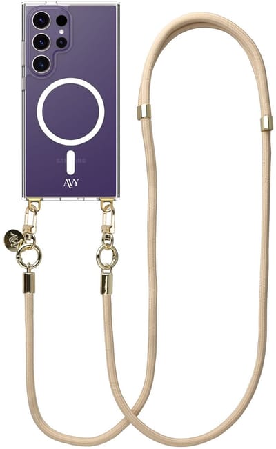 AVY Hoesje geschikt voor Samsung Galaxy S24 Ultra | Compatibel met MagSafe | Clear Case met Telefoonkoord 130CM | Crossbody Tressé Beige