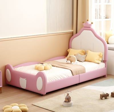 MEUNIQ Kinderbed 90 x 200 cm met kroonvormig hoofdbord, gestoffeerd bedframe van kunstleer met lattenbodem, voor kinderkamer, roze/wit
