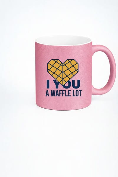Roze Glitter Mok 'I Waffle Lot' met Wafelhart - Uniek Grappig Cadeau