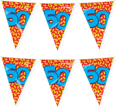 Paperdreams verjaardag 50 jaar thema vlaggetjes - 2x - feestversiering - 10m - folie - dubbelzijdig
