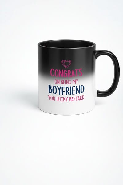 Magische Mok 'Congrats Boyfriend You Lucky Bastard' | Hittegevoelige Koffiemok Cadeau Vriend Valentijn Jubileum