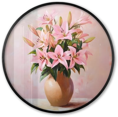 Poster in lijst Rond - Fotolijst 60x60 cm - Posters - Vaas - Bloemen - Roze - Ronde posterlijst zwart - Decoratie - Wanddecoratie woonkamer - Muurdecoratie slaapkamer